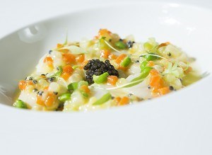 Poached Scallops in a Vegetable and Lemon Emulsion, Imperial Caviar
